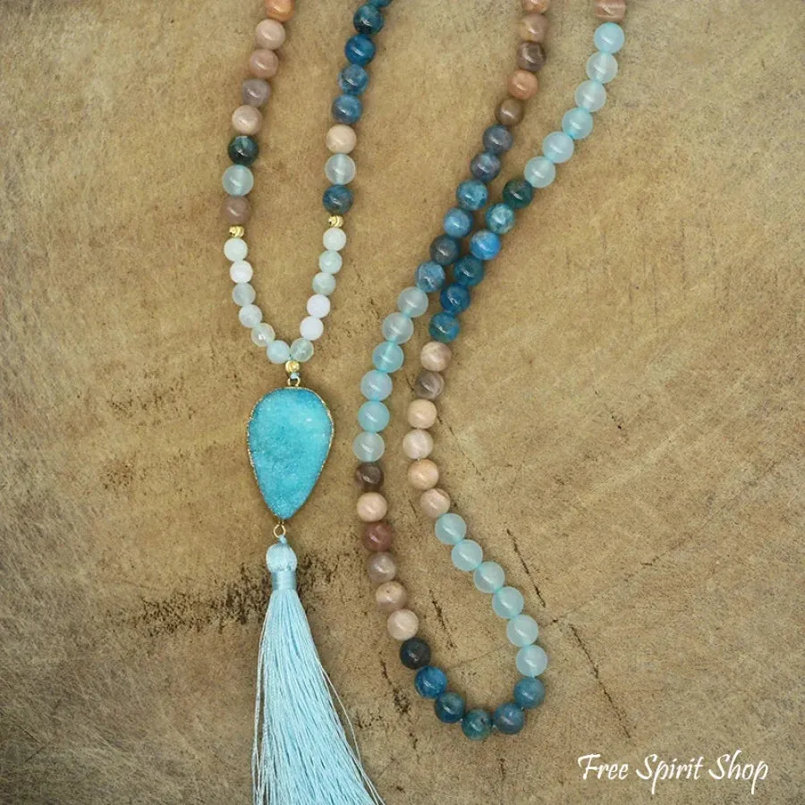 108 Natural Sunstone Apatite & Druzy Mala Bead Necklace