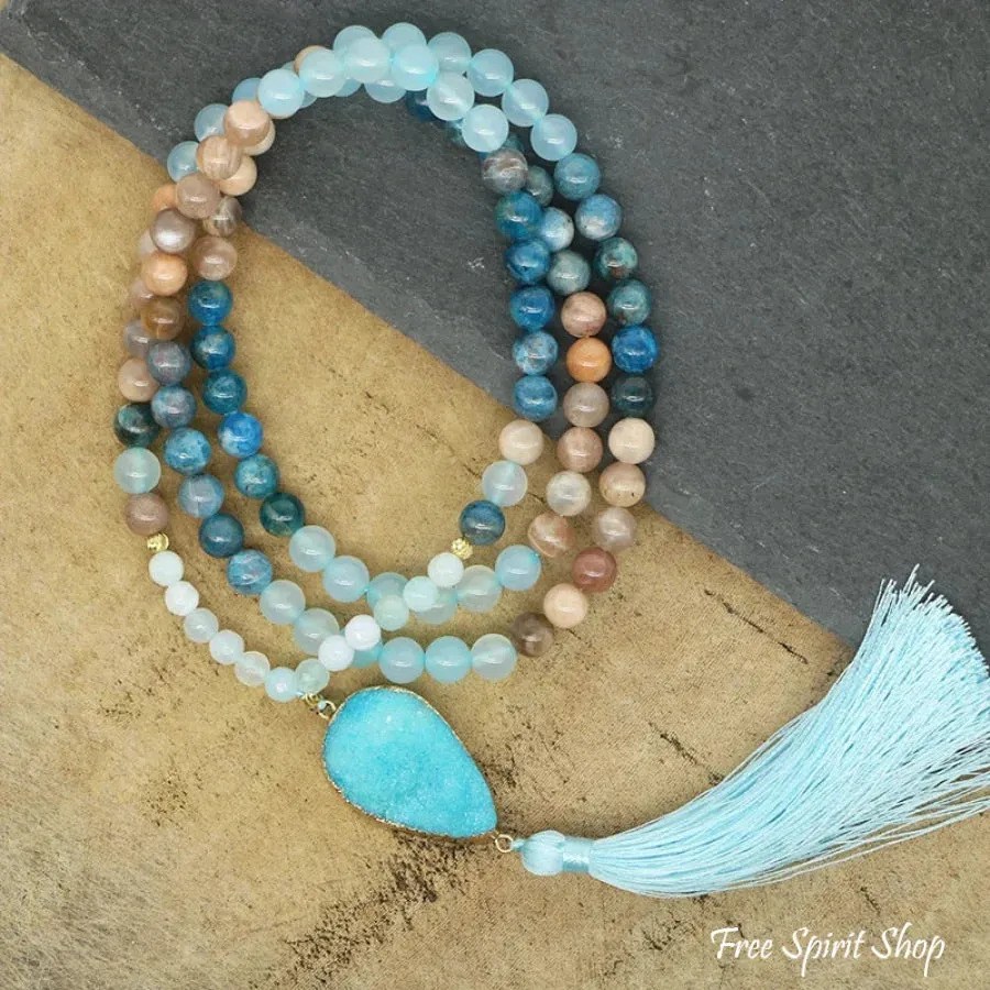 108 Natural Sunstone Apatite & Druzy Mala Bead Necklace