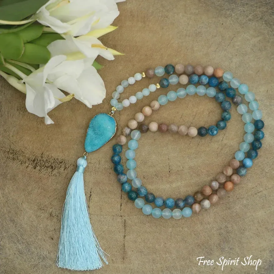 108 Natural Sunstone Apatite & Druzy Mala Bead Necklace