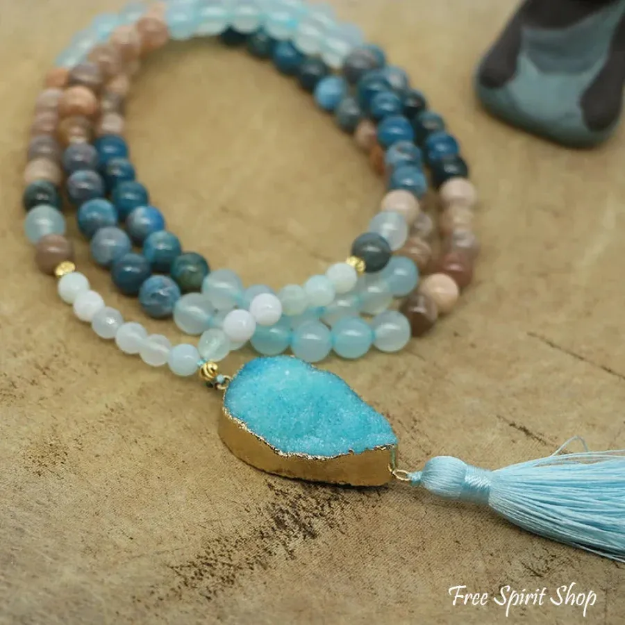 108 Natural Sunstone Apatite & Druzy Mala Bead Necklace