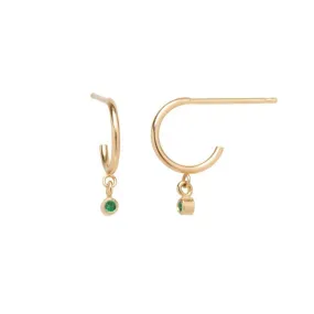 14K Gold and Bezel-Set Emerald Tiny Huggie Hoop Earrings