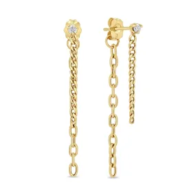 14K Gold Diamond Studs with Front & Back Chain Drops