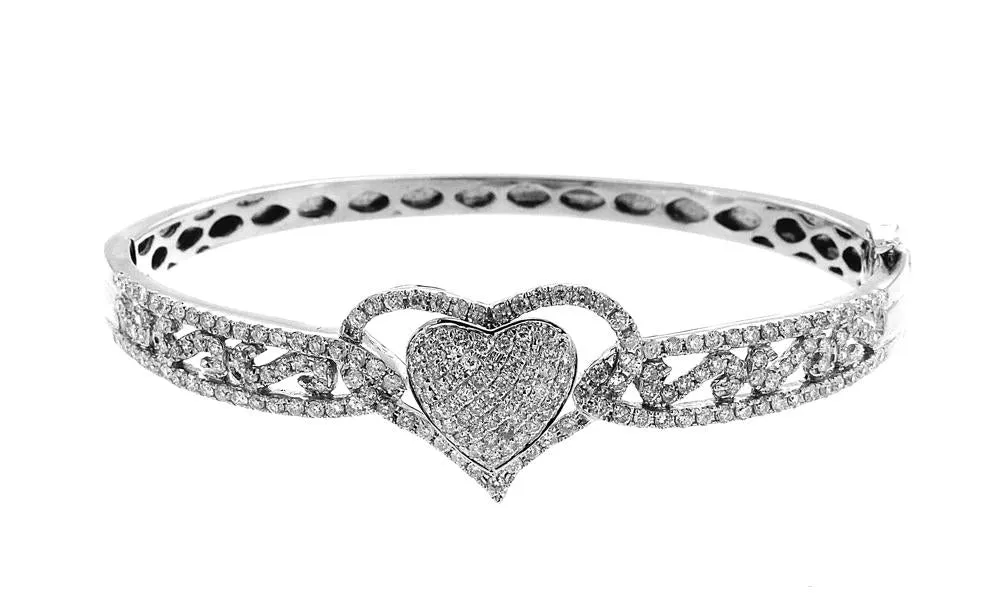 14K White Gold Diamond Heart Bangle With Round Cut Diamonds 2.00CT