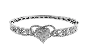 14K White Gold Diamond Heart Bangle With Round Cut Diamonds 2.00CT