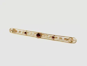 14K Yellow Gold Garnet and Pearl Gold Bar Brooch (3 inches)