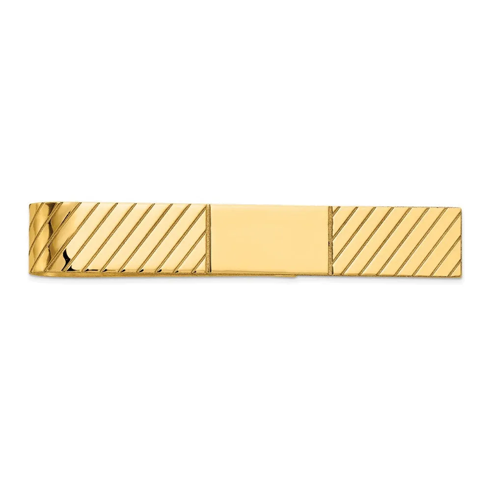 14K Yellow Gold Polished & Diagonal Grooved Tie Bar, 8 x 50mm