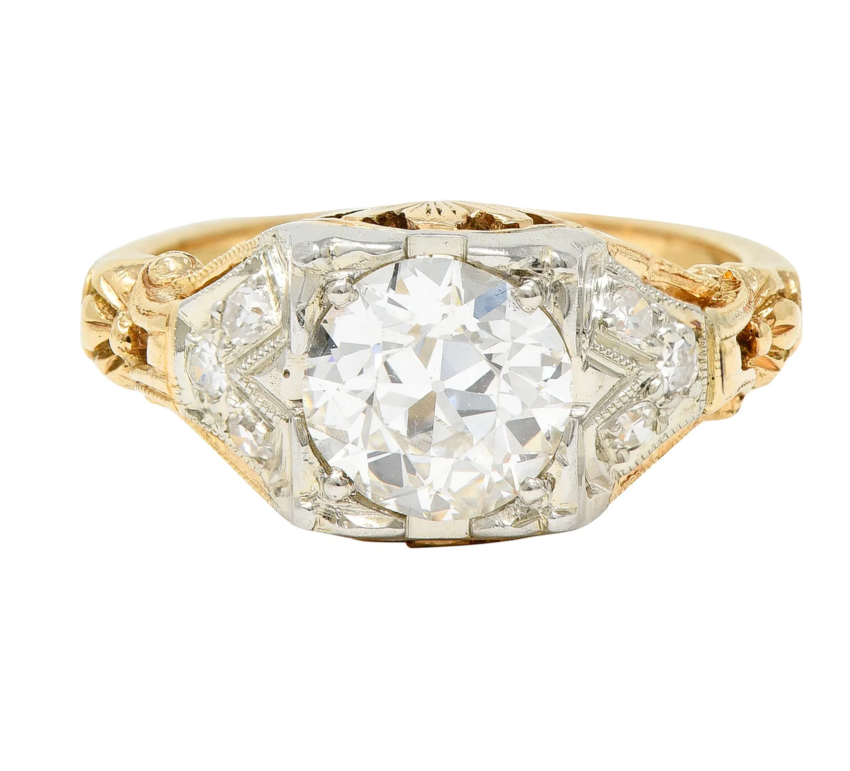 1920's Art Deco 1.11 CTW Diamond Two-Tone Gold Foliate Engagement Ring GIA