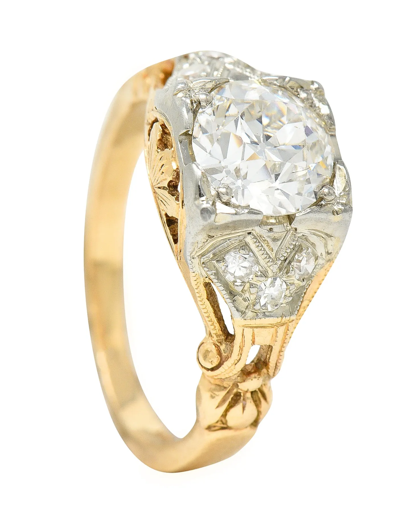 1920's Art Deco 1.11 CTW Diamond Two-Tone Gold Foliate Engagement Ring GIA