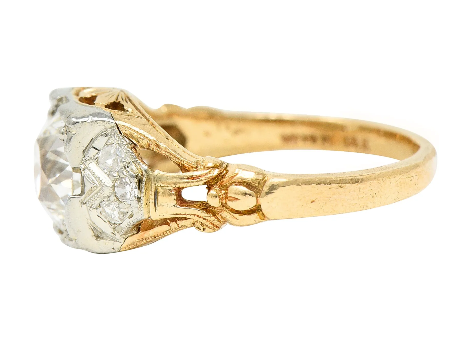 1920's Art Deco 1.11 CTW Diamond Two-Tone Gold Foliate Engagement Ring GIA