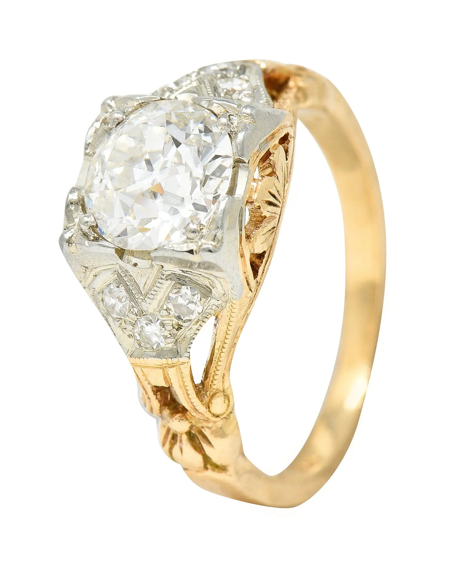 1920's Art Deco 1.11 CTW Diamond Two-Tone Gold Foliate Engagement Ring GIA