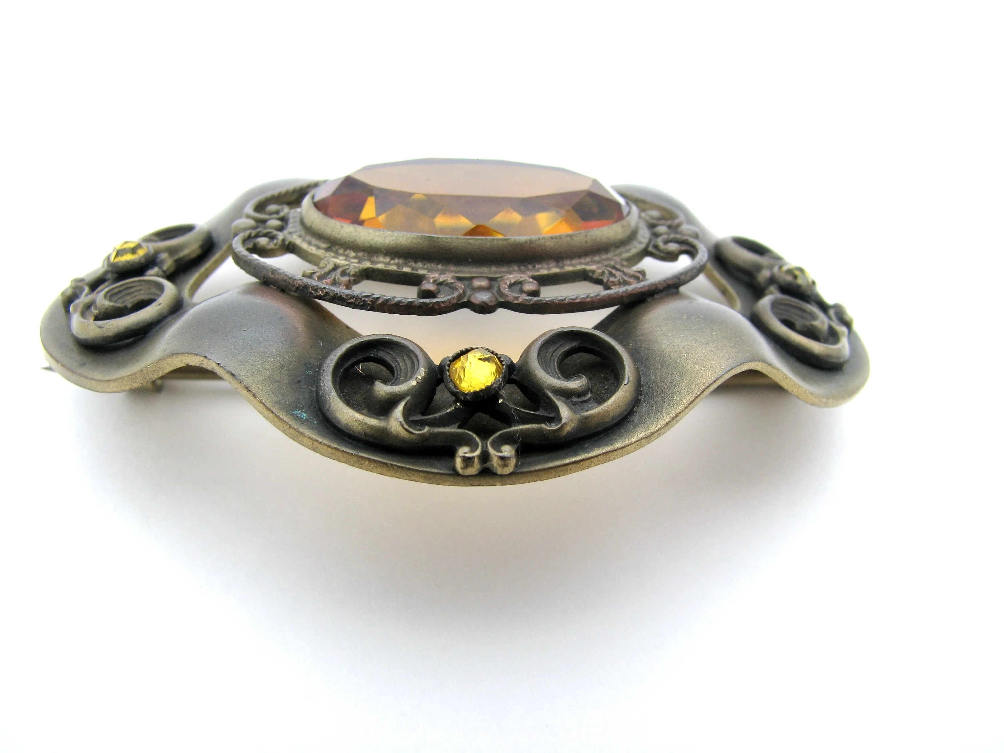 Antique Brass Citrine Brooch Pin