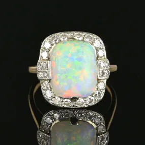 Antique Diamond Halo Opal Ring in Platinum & 14K Gold