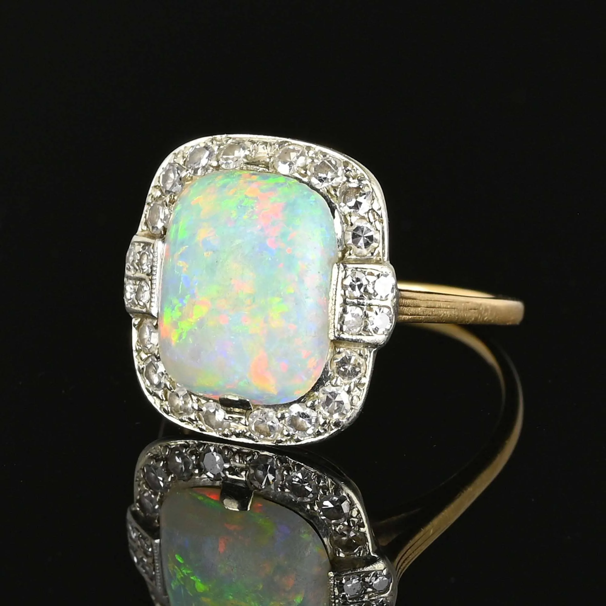 Antique Diamond Halo Opal Ring in Platinum & 14K Gold