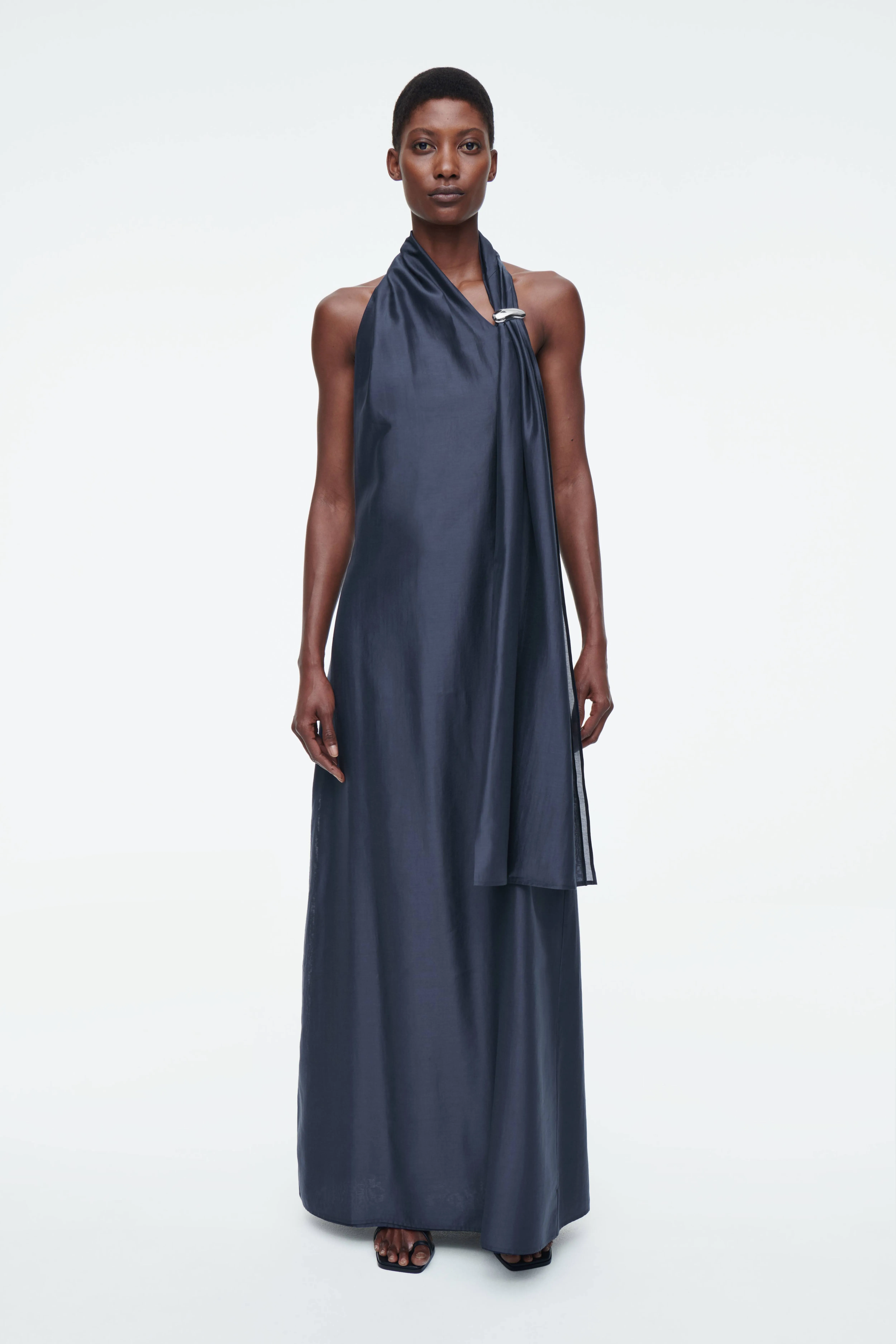 ASYMMETRIC BROOCH-DETAIL MAXI DRESS - Asymmetric neckline - Sleeveless - DARK BLUE - Ladies | H&M GB