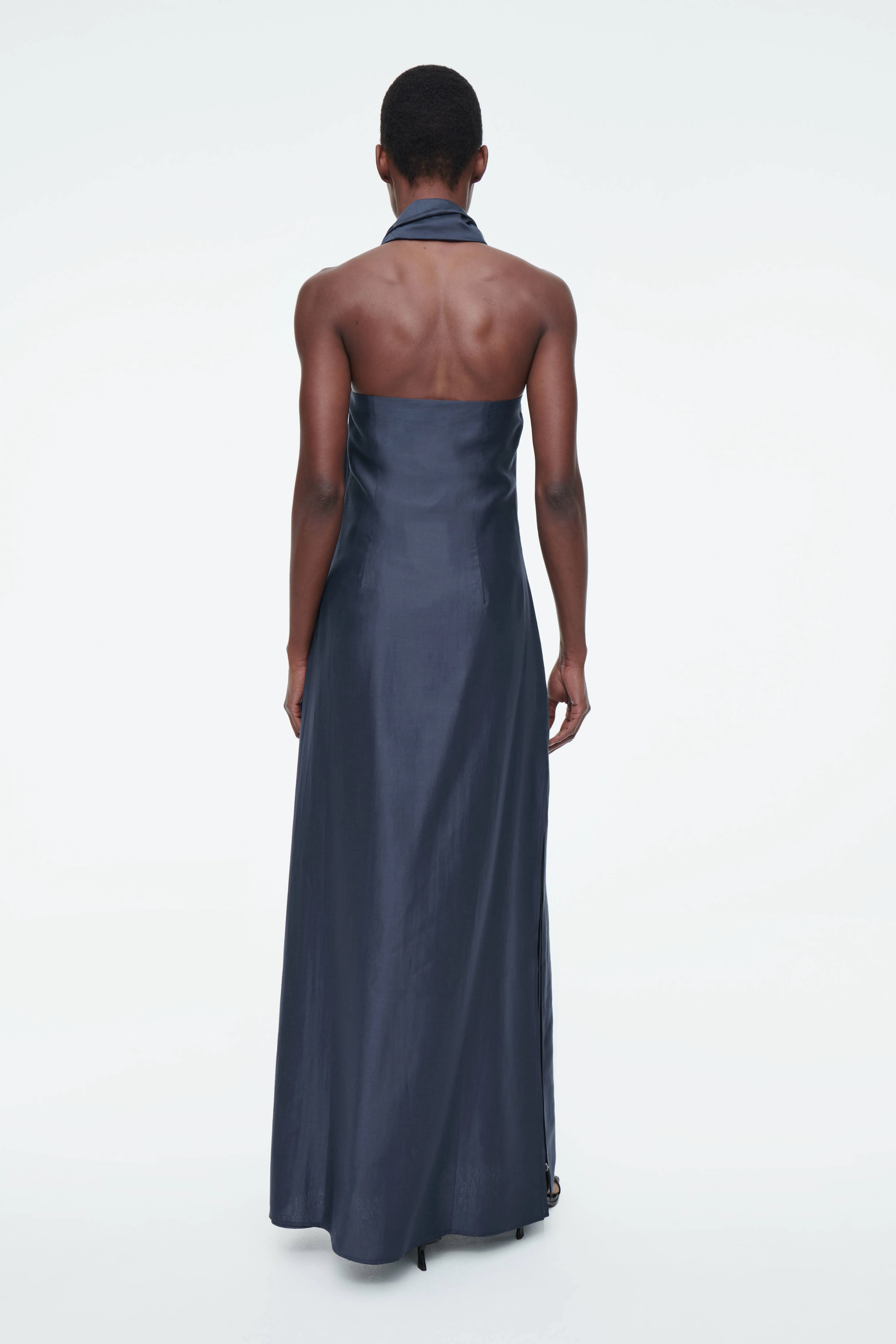 ASYMMETRIC BROOCH-DETAIL MAXI DRESS - Asymmetric neckline - Sleeveless - DARK BLUE - Ladies | H&M GB