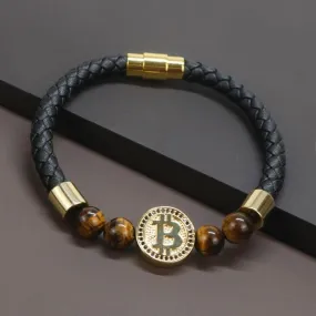 Bitcoin Bracelet Unisex Natural Tiger Eye Stone Leather Bracelets For Men and Women