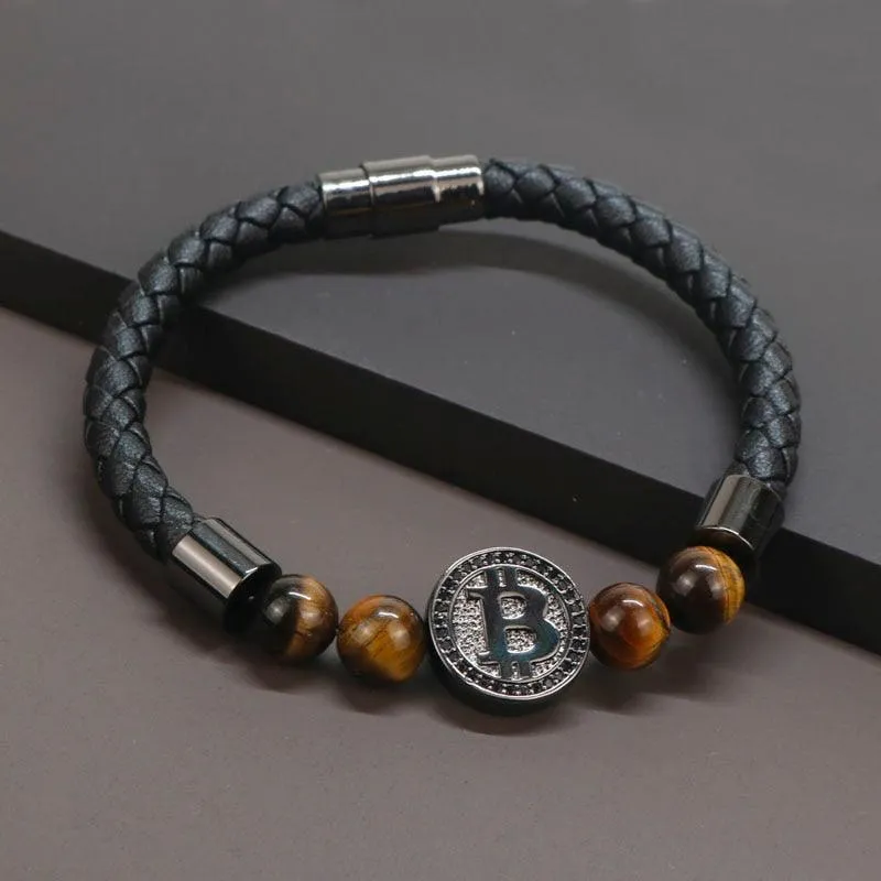 Bitcoin Bracelet Unisex Natural Tiger Eye Stone Leather Bracelets For Men and Women