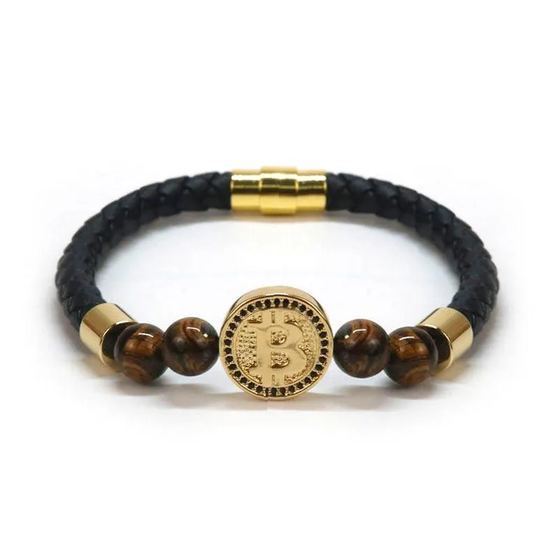 Bitcoin Bracelet Unisex Natural Tiger Eye Stone Leather Bracelets For Men and Women