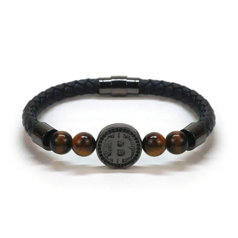 Bitcoin Bracelet Unisex Natural Tiger Eye Stone Leather Bracelets For Men and Women