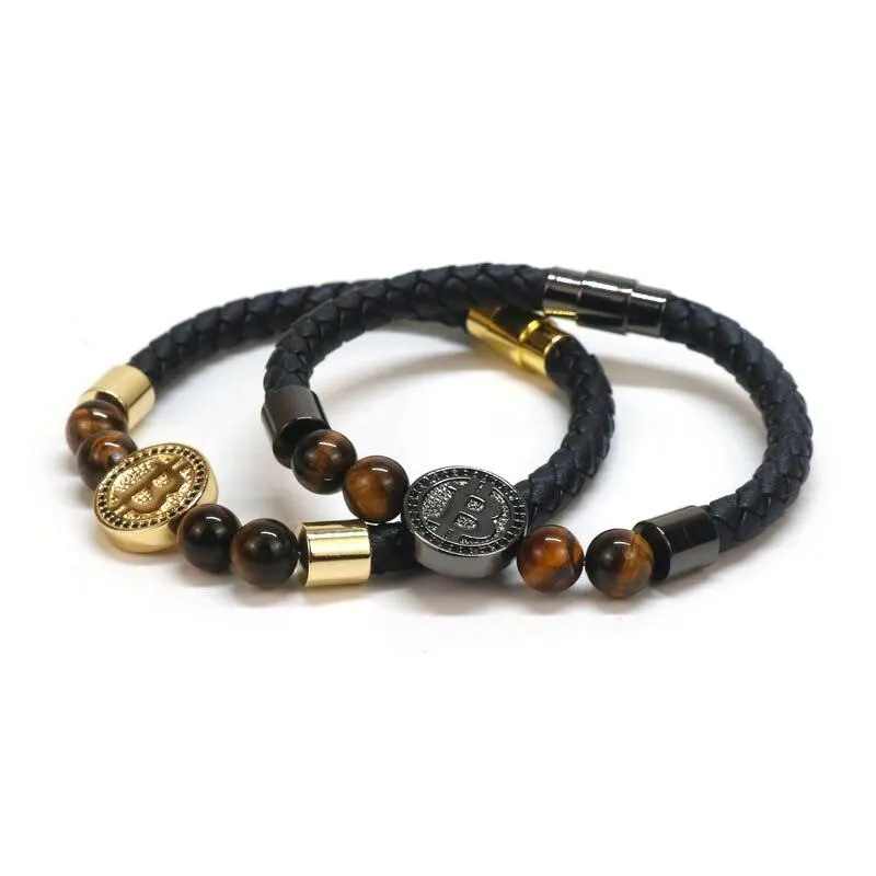 Bitcoin Bracelet Unisex Natural Tiger Eye Stone Leather Bracelets For Men and Women