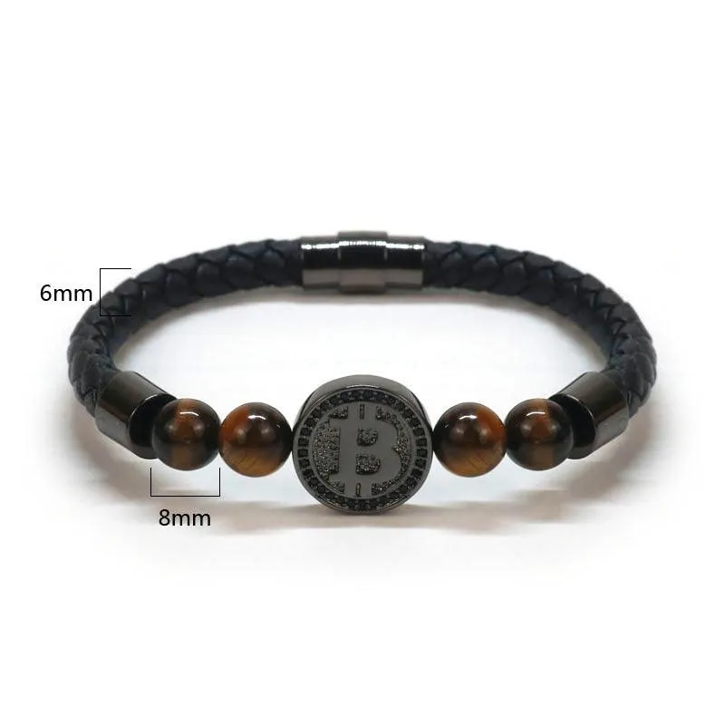 Bitcoin Bracelet Unisex Natural Tiger Eye Stone Leather Bracelets For Men and Women