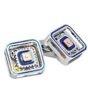 Blue Enamel Quadrato Gear Cufflinks