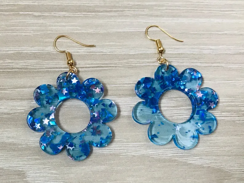 Blue Flake Acetate Flower Acrylic Earrings