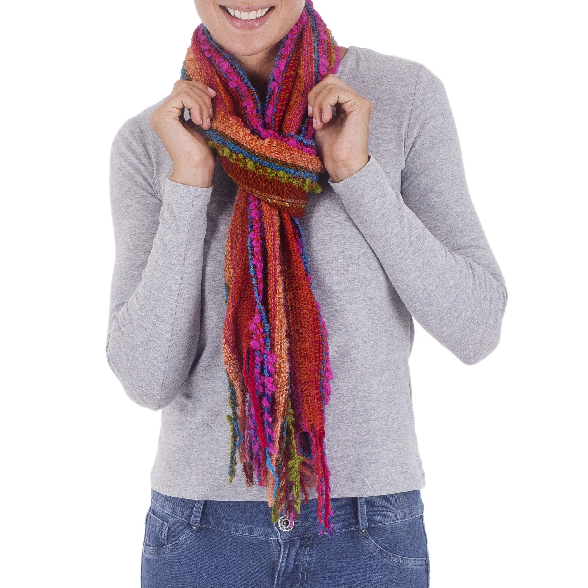 Bohemian Rainbow Hand Woven Alpaca Blend Striped Multicolored Scarf from Peru