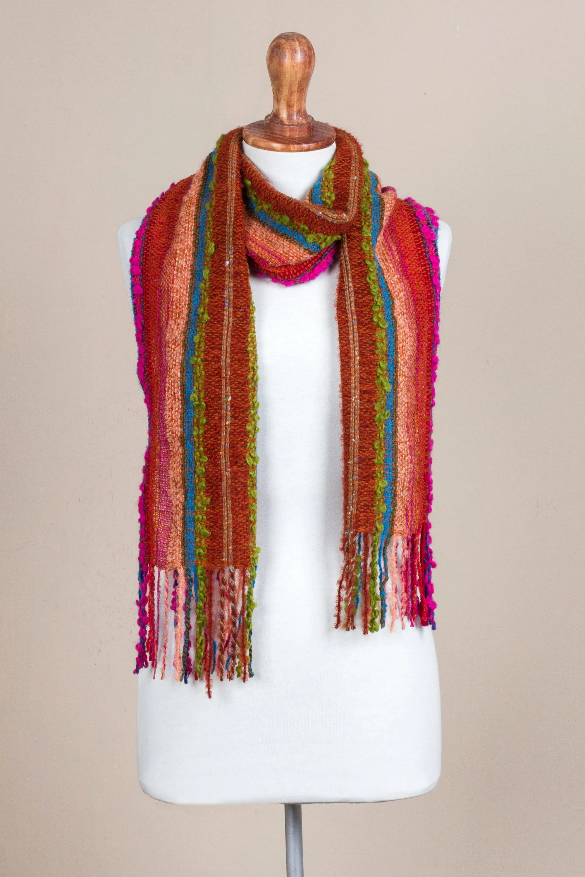 Bohemian Rainbow Hand Woven Alpaca Blend Striped Multicolored Scarf from Peru