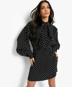 boohoo Womens Tie Neck Polka Dot Plisse Skater Dress