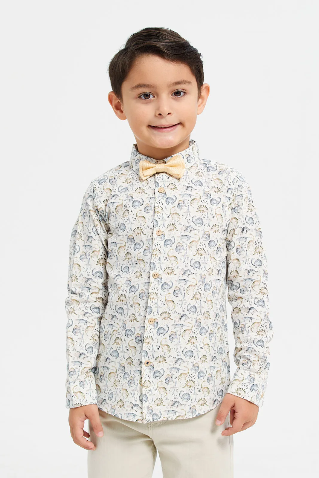 Boys Beige Printed Shirt With Bow Tie