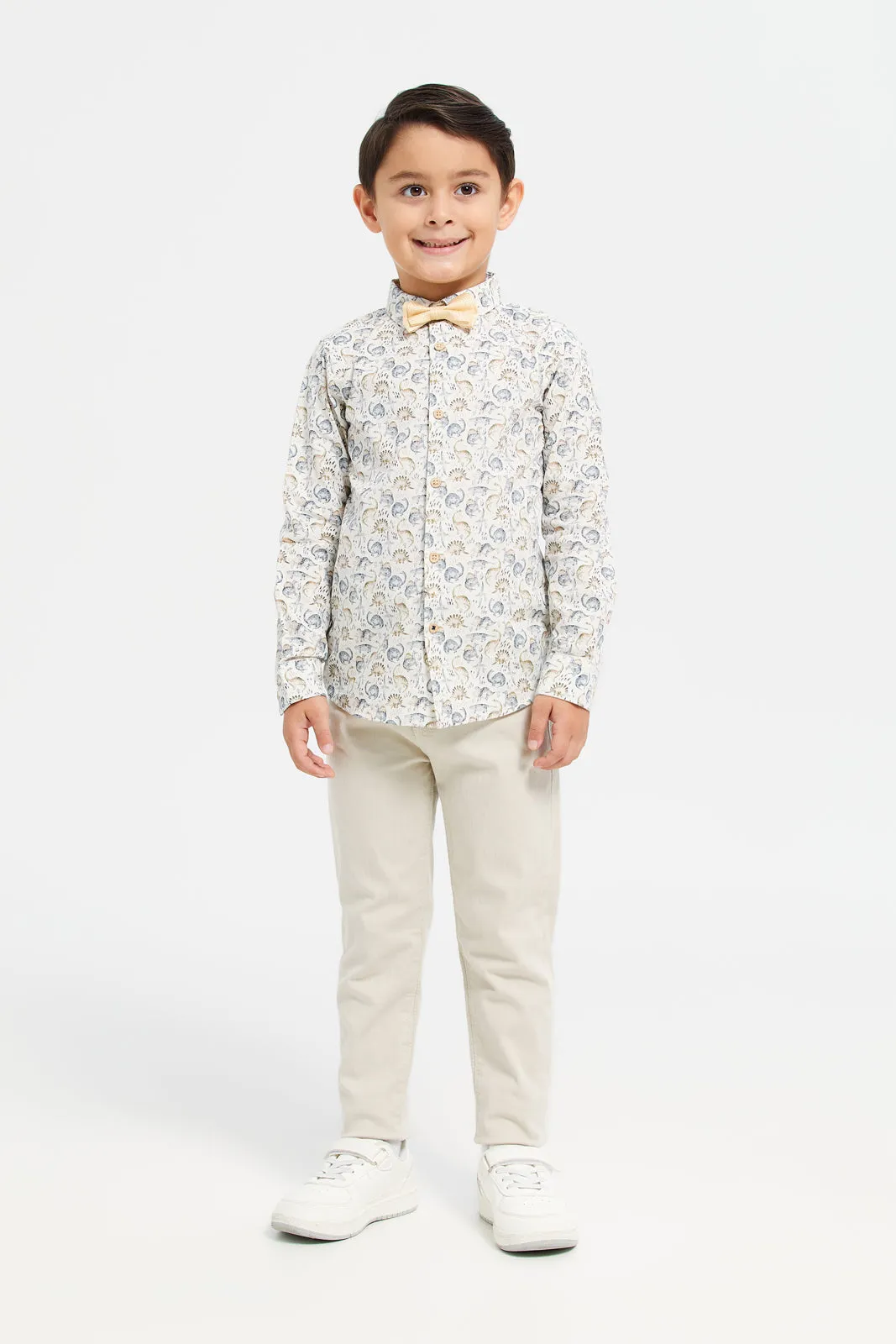 Boys Beige Printed Shirt With Bow Tie