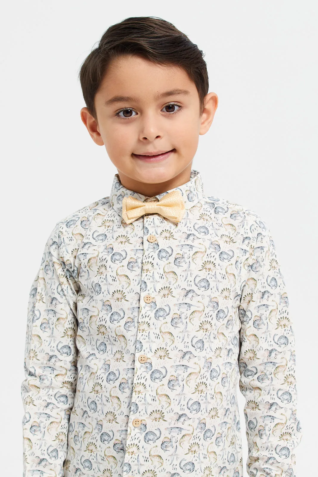 Boys Beige Printed Shirt With Bow Tie