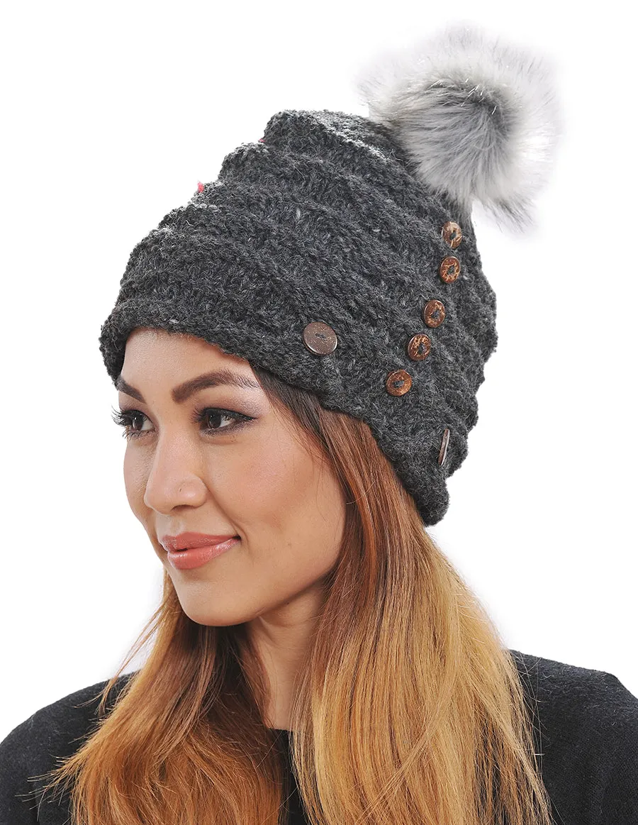 Button Details Wool & Faux Fur Pom Beanie