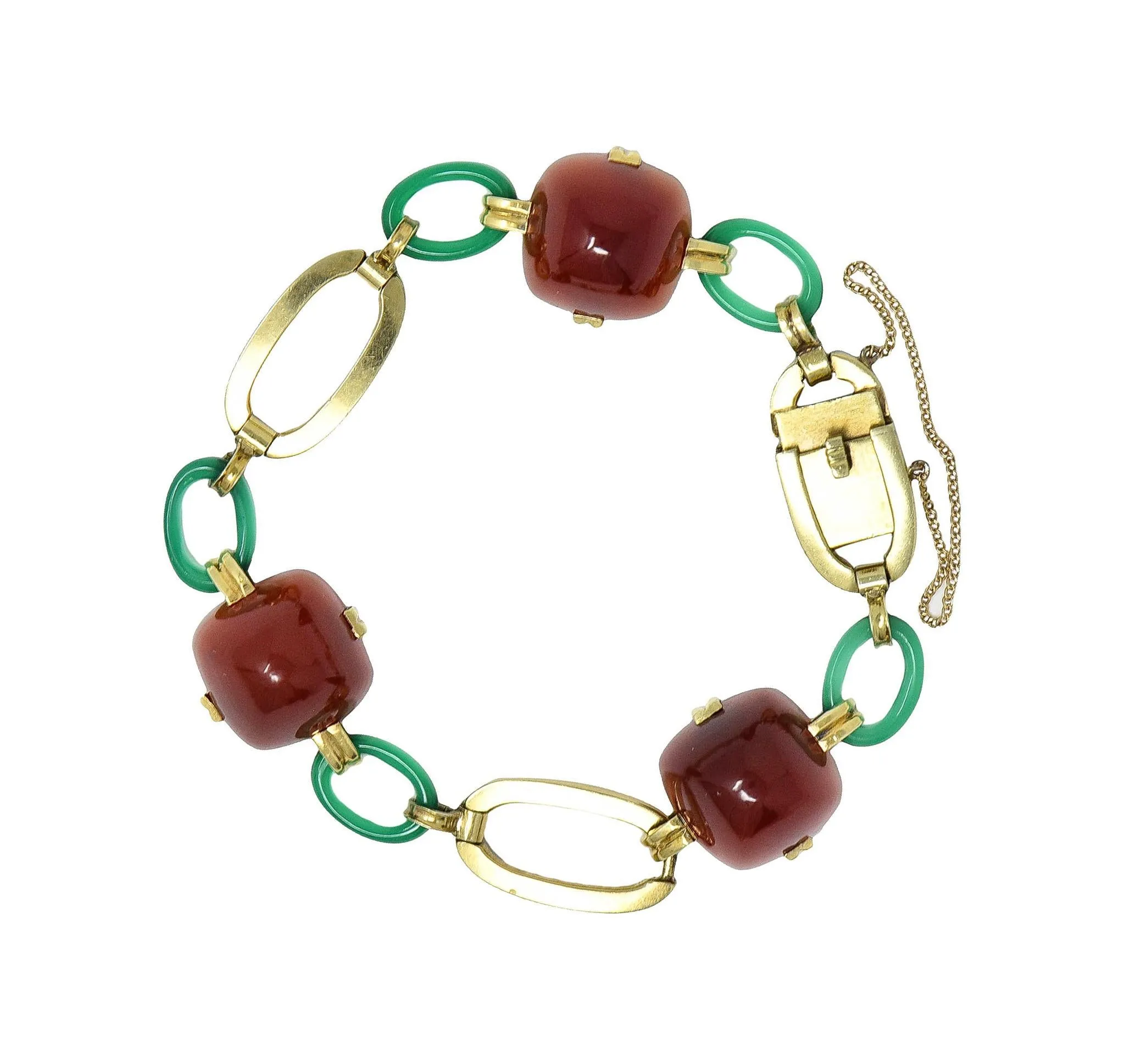 Carrington Co. Art Deco Carnelian Chrysoprase 14 Karat Gold Antique Link Bracelet