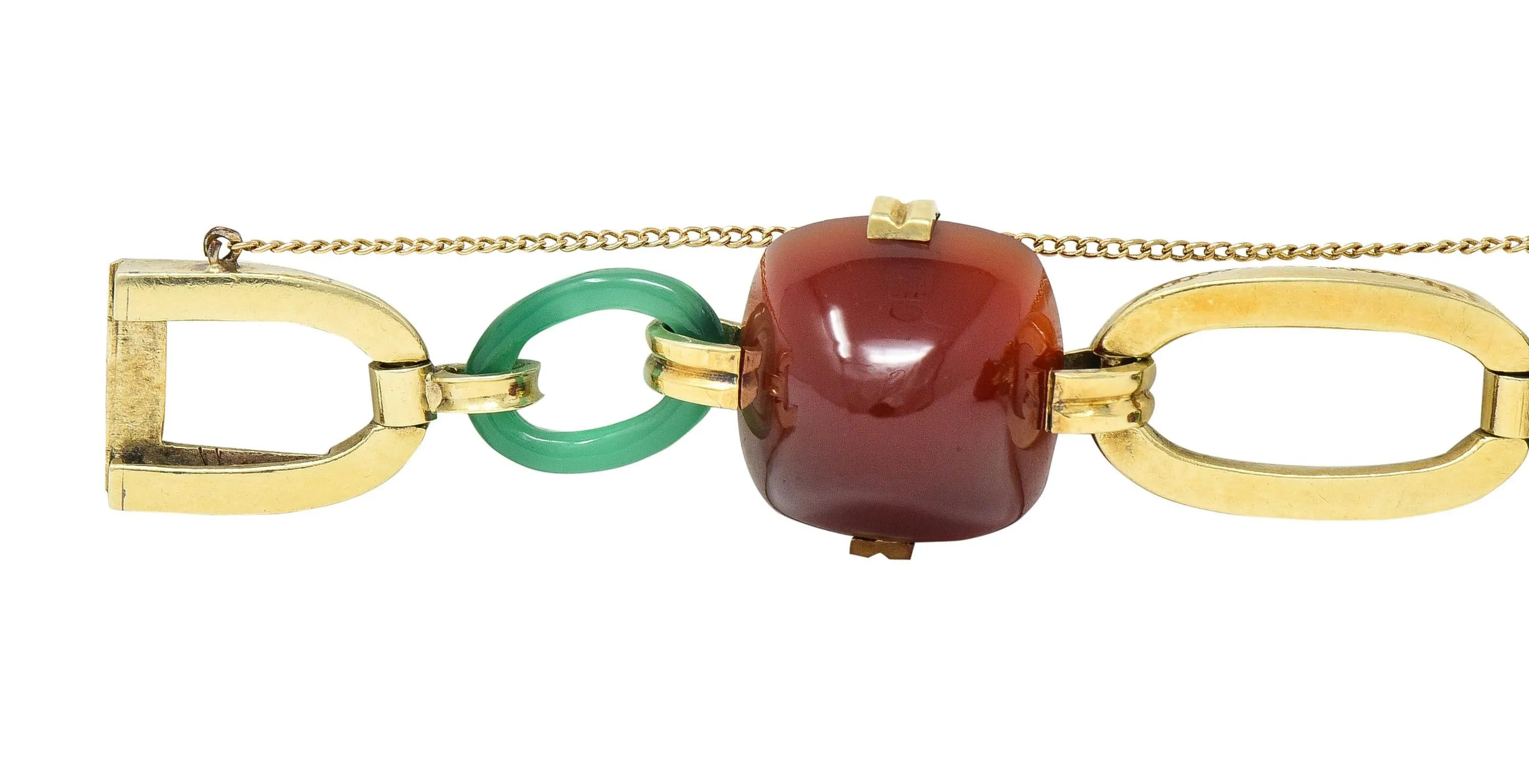 Carrington Co. Art Deco Carnelian Chrysoprase 14 Karat Gold Antique Link Bracelet