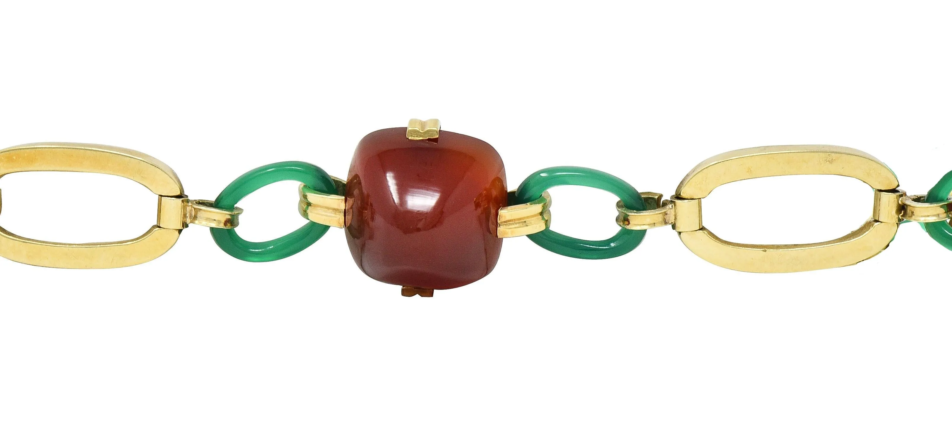 Carrington Co. Art Deco Carnelian Chrysoprase 14 Karat Gold Antique Link Bracelet