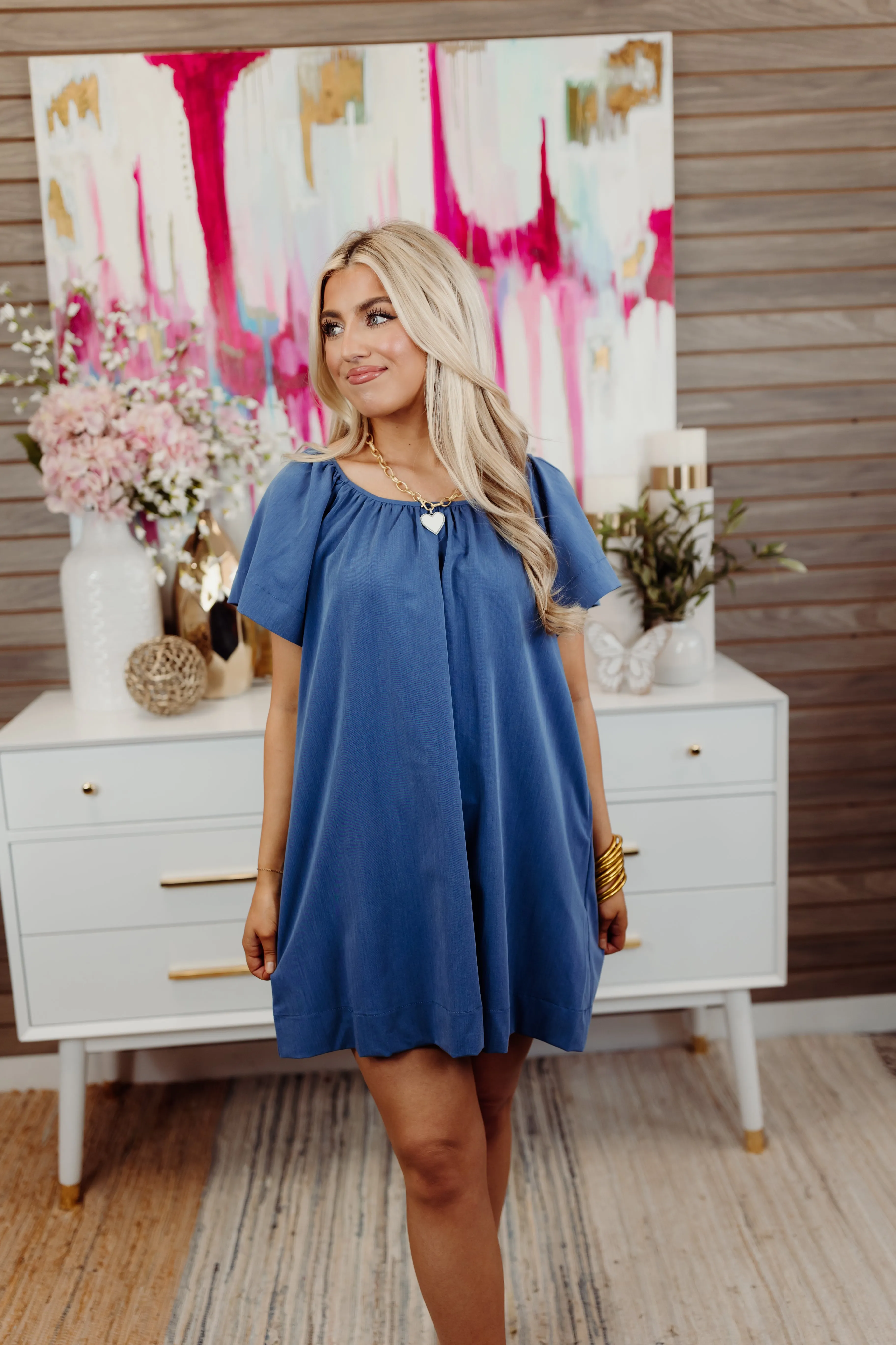 Denim Blue Square Neck Back Tie Mini Dress