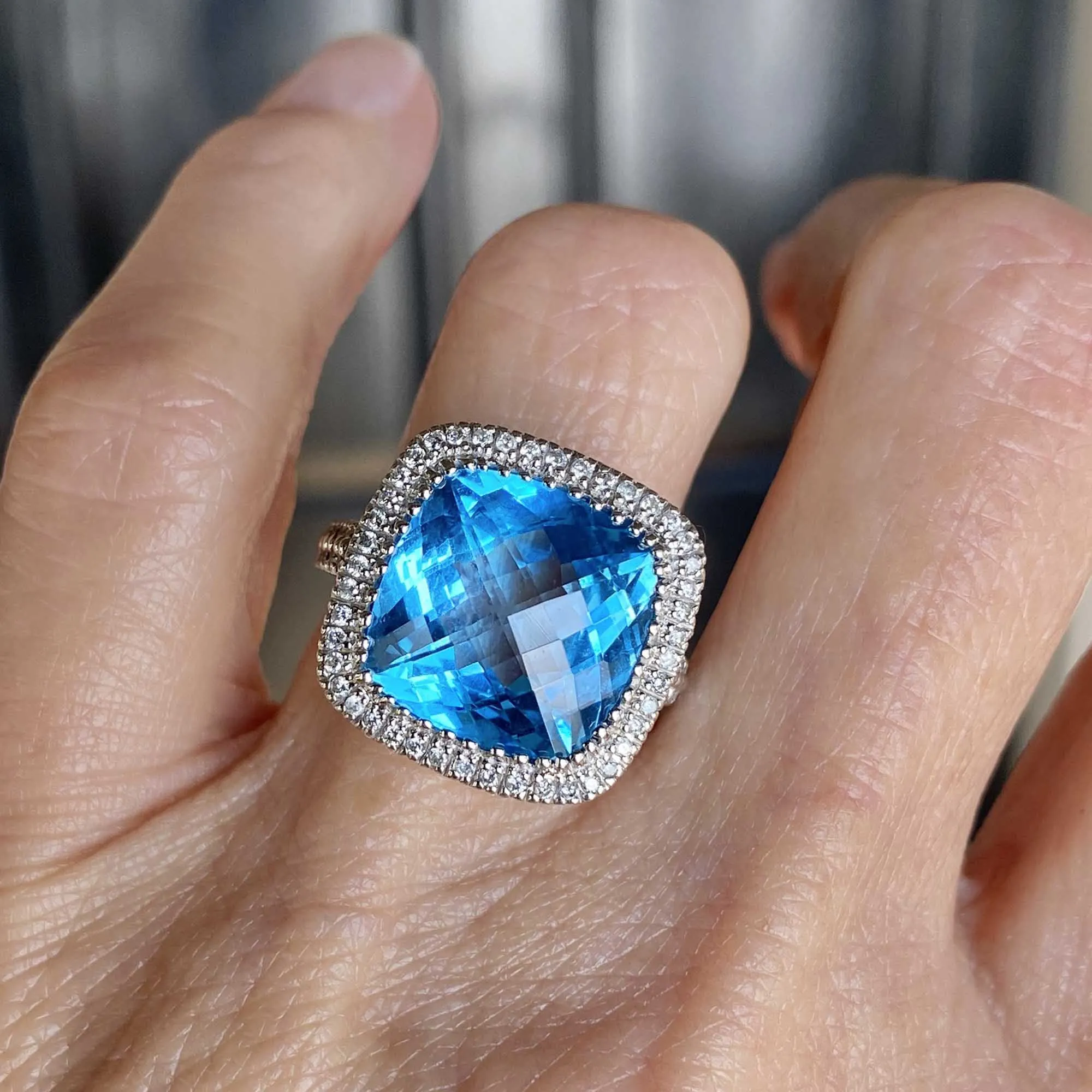 Diamond Halo Checkerboard Blue Topaz Ring 14K White Gold