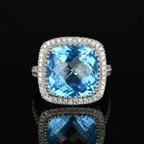 Diamond Halo Checkerboard Blue Topaz Ring 14K White Gold