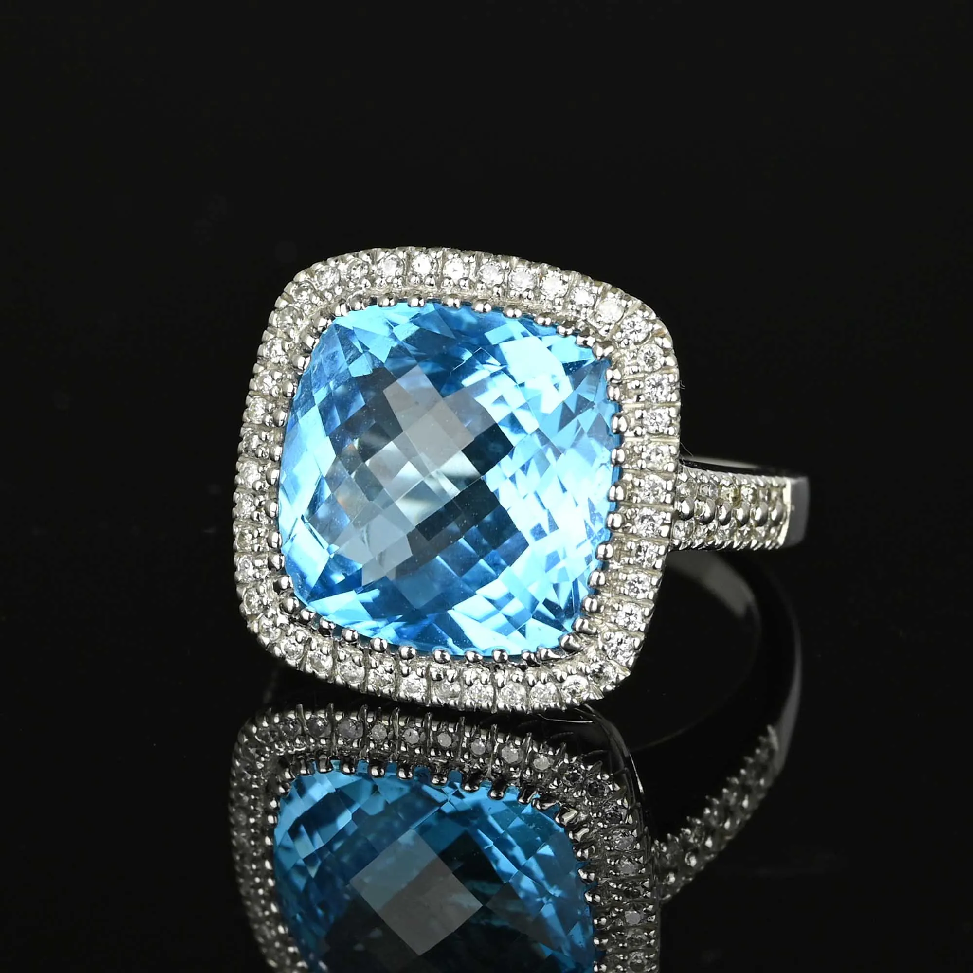 Diamond Halo Checkerboard Blue Topaz Ring 14K White Gold