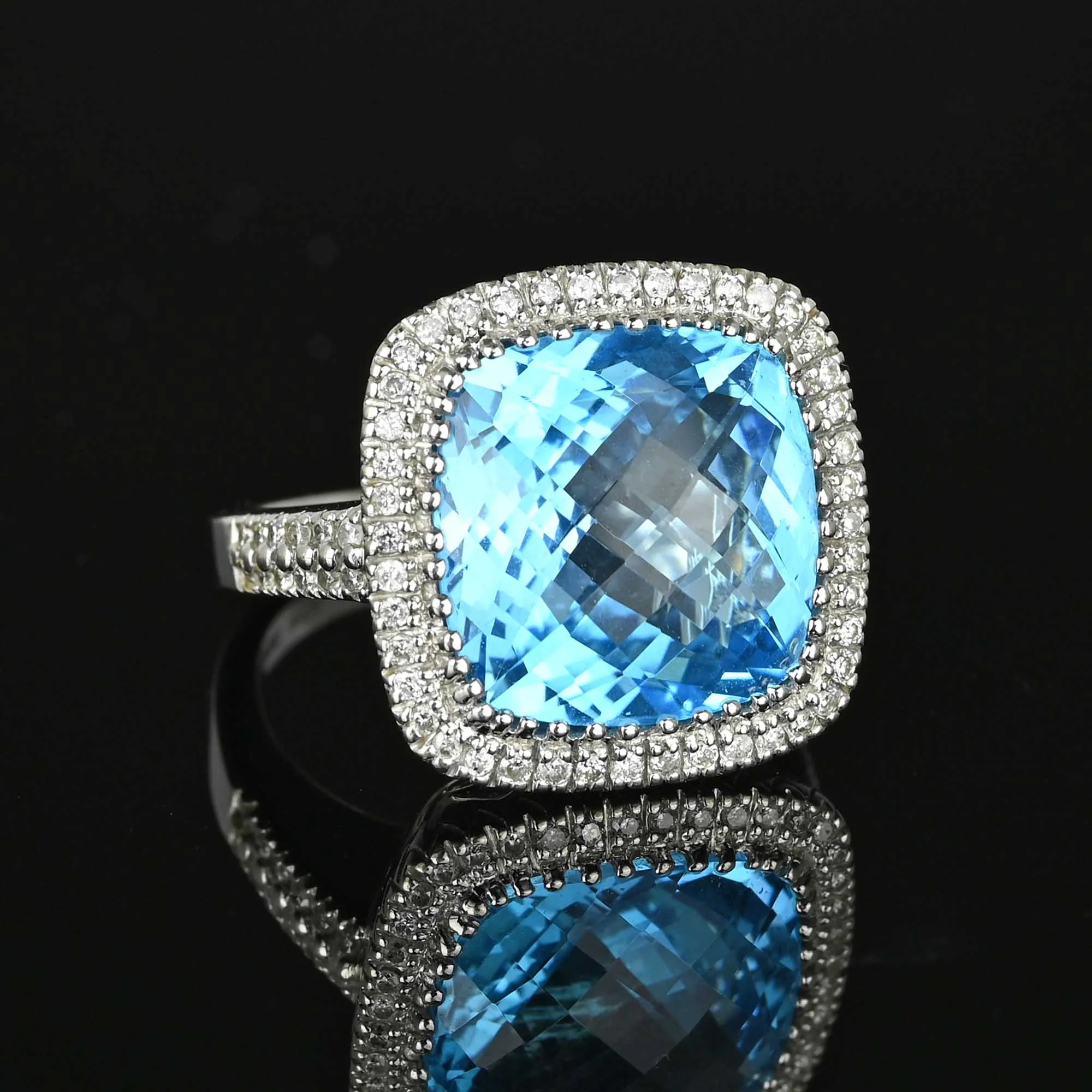 Diamond Halo Checkerboard Blue Topaz Ring 14K White Gold