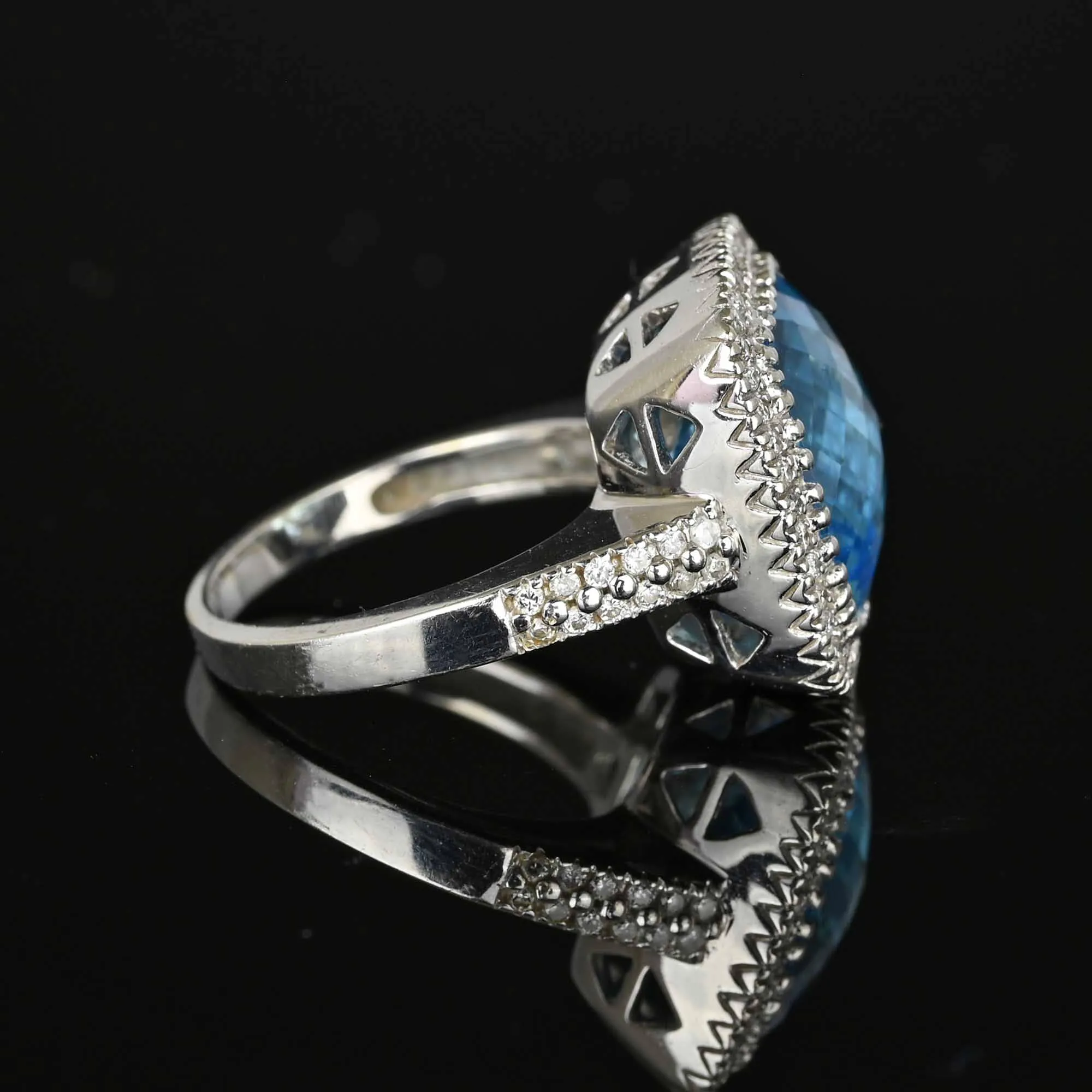 Diamond Halo Checkerboard Blue Topaz Ring 14K White Gold