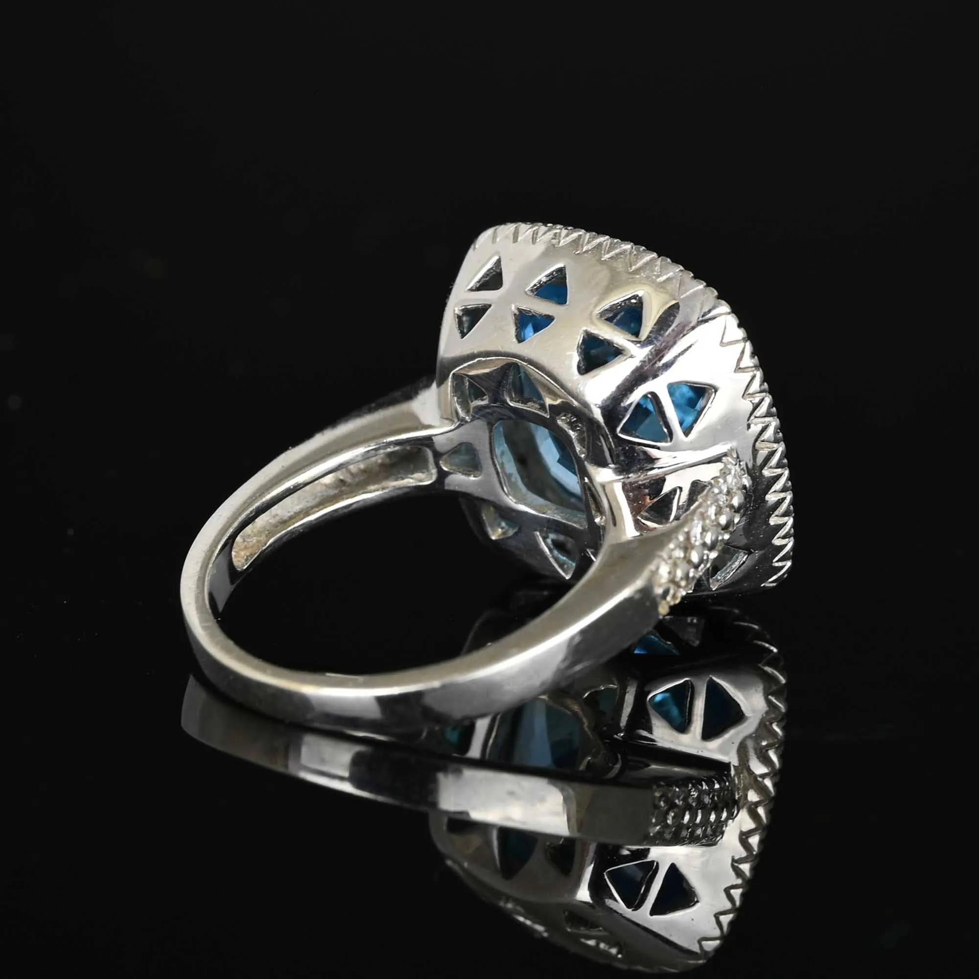 Diamond Halo Checkerboard Blue Topaz Ring 14K White Gold