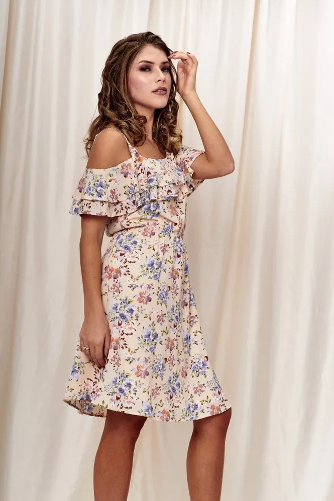 Double Second Printed Double Frill Off Shoulder Dress