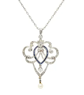 Edwardian Diamond Sapphire Pearl Platinum-Topped 14 Karat Yellow Gold Scrolling Ribbon Antique Pendant Necklace