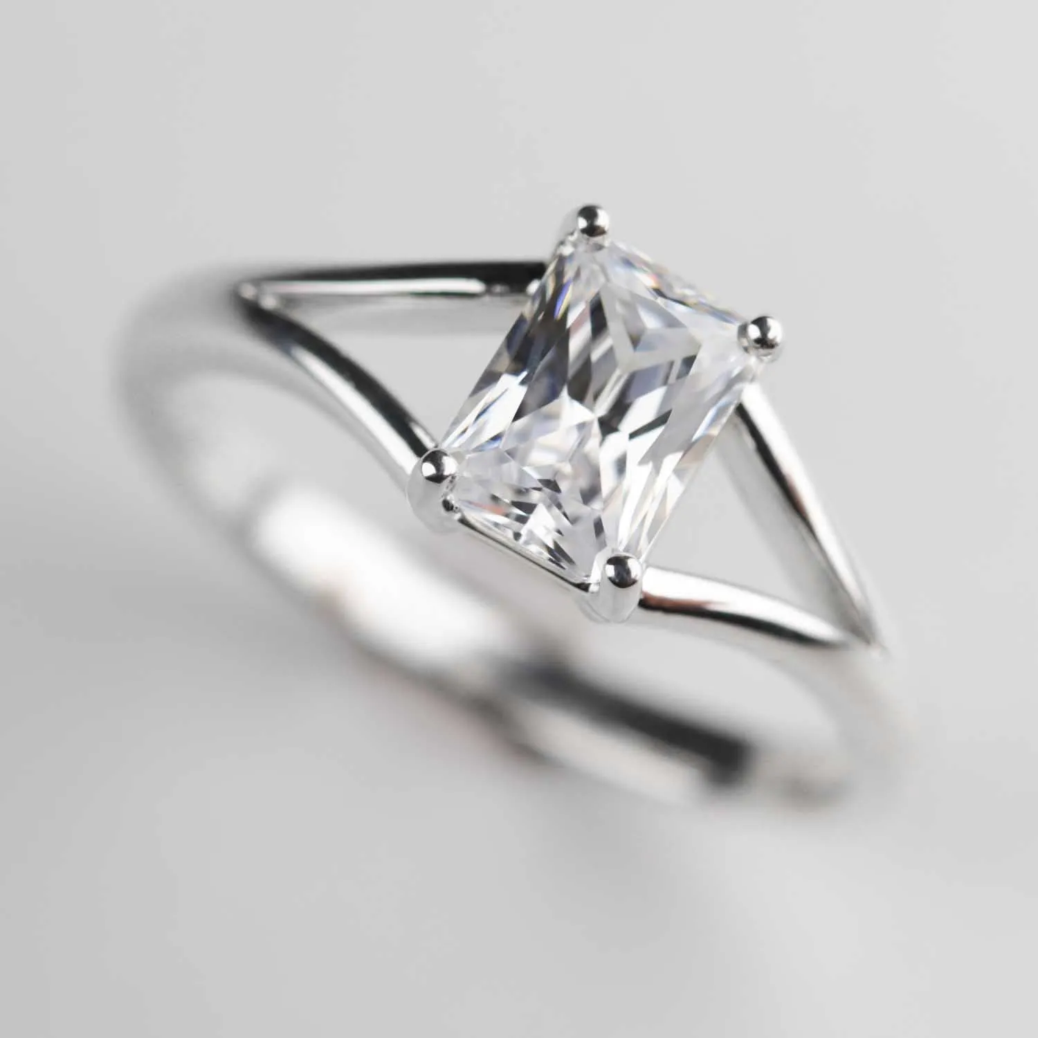 Emerald Cut Split Shank Solitaire Engagement Ring