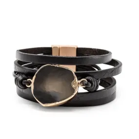 Five Row Black Leather Bracelet Geode Gold Black