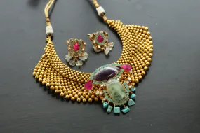 Gold Beaded Fusion Kundan Work Necklace Set