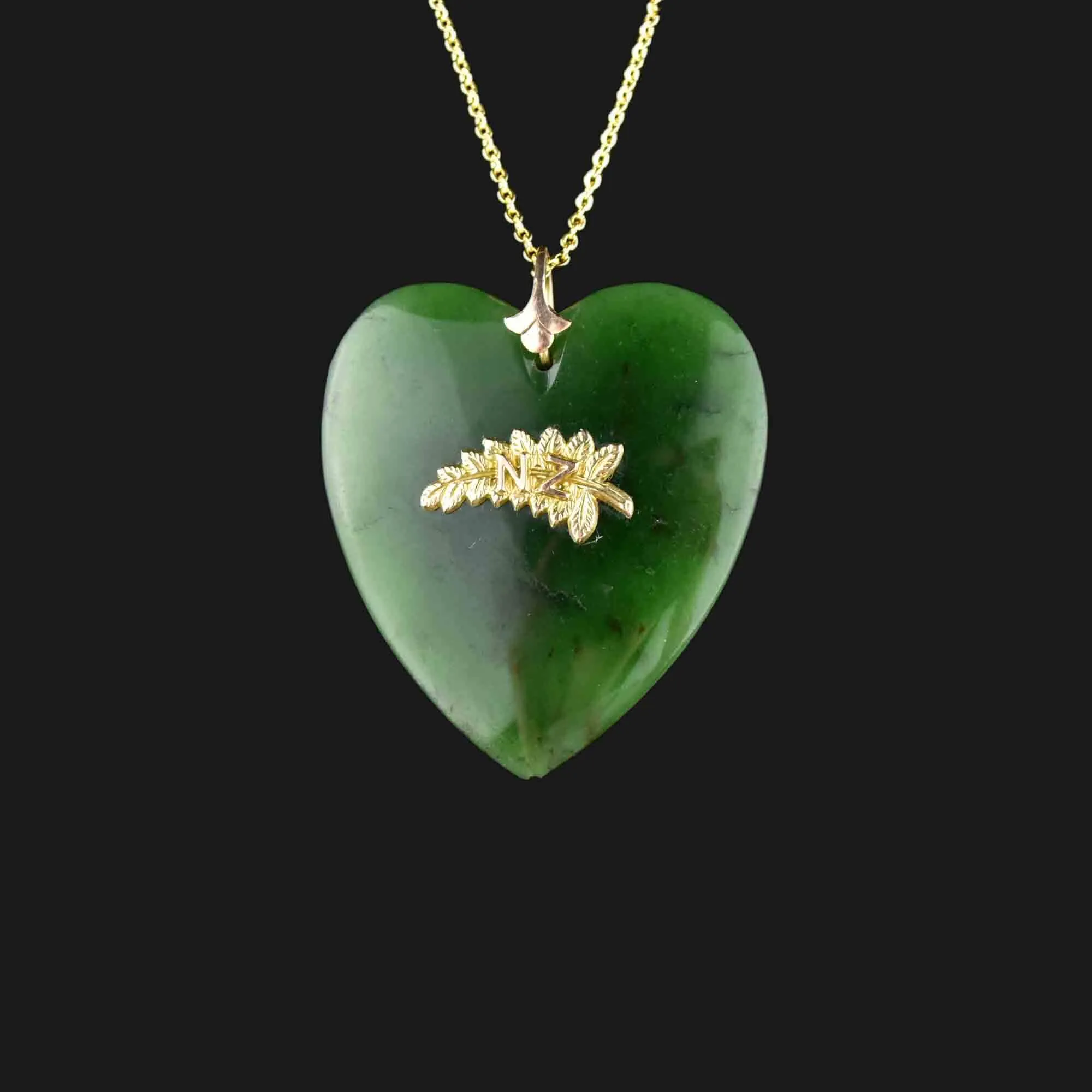 Gold Feather Maori Pounamu New Zealand Jade Heart Necklace